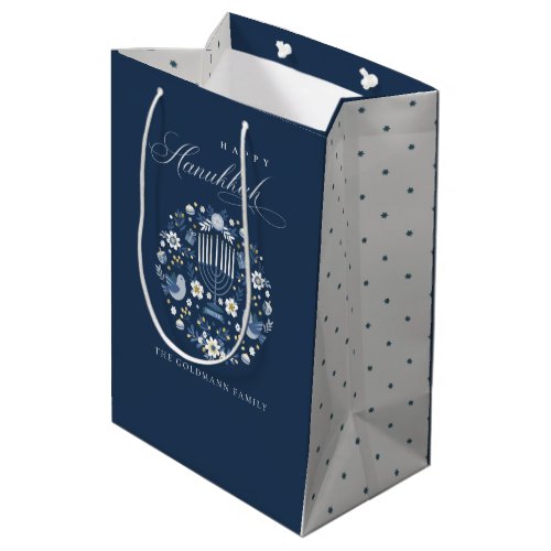 Elegant Classy Navy Blue Happy Hanukkah Floral Medium Gift Bag