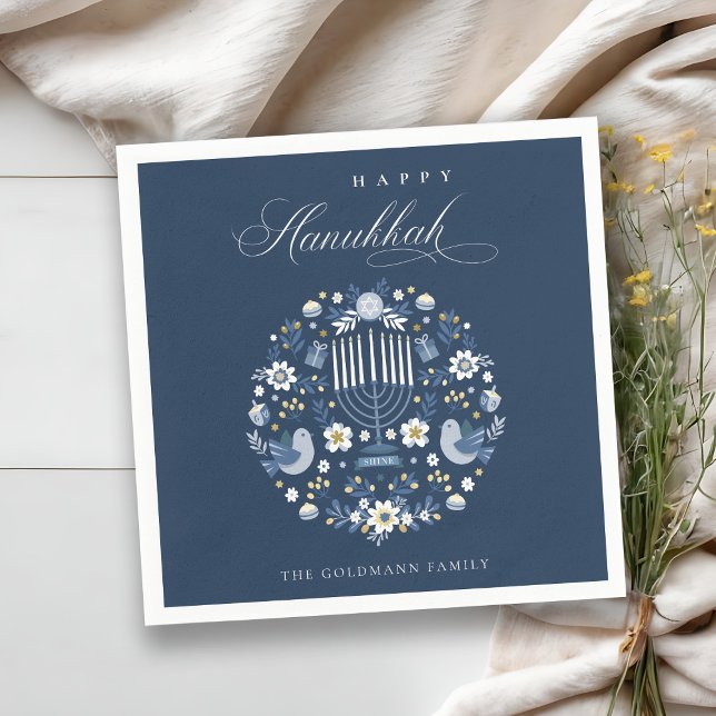 Elegant Classy Navy Blue Happy Hanukkah Floral Napkins (Creator Uploaded)