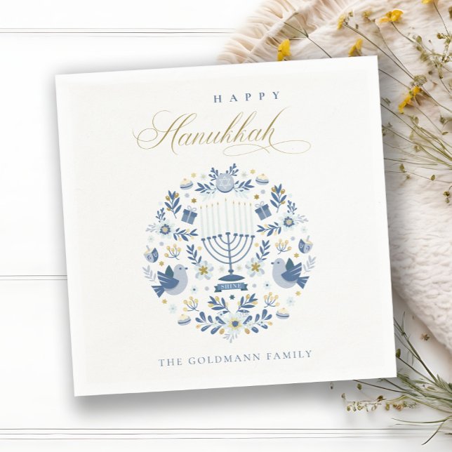 Elegant Classy Navy Blue Happy Hanukkah Floral Napkins (Creator Uploaded)