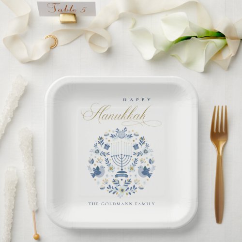 Elegant Classy Navy Blue Happy Hanukkah Floral Paper Plates