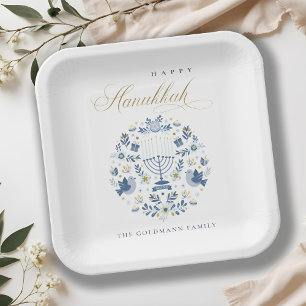 Elegant Classy Navy Blue Happy Hanukkah Floral Paper Plates
