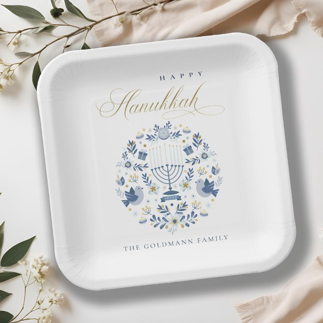 Elegant Classy Navy Blue Happy Hanukkah Floral Paper Plates (Creator Uploaded)