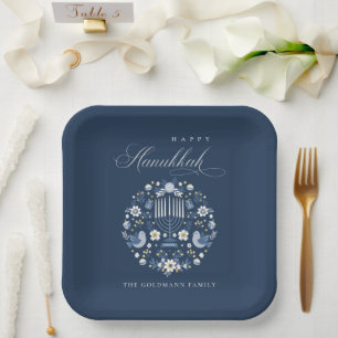 Elegant Classy Navy Blue Happy Hanukkah Floral Paper Plates