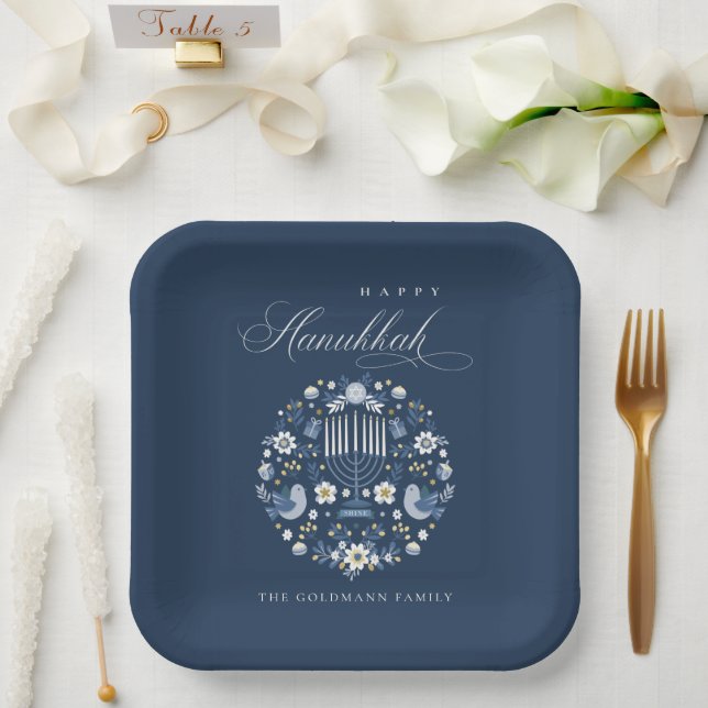 Elegant Classy Navy Blue Happy Hanukkah Floral Paper Plates (Wedding)