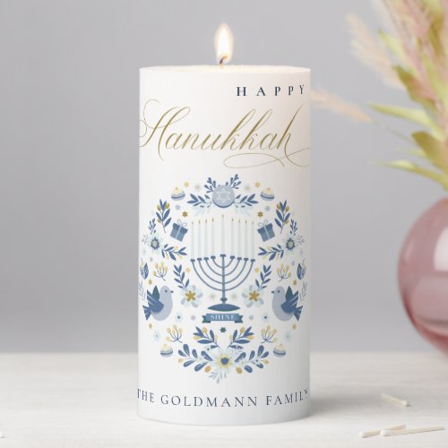 Elegant Classy Navy Blue Happy Hanukkah Floral Pillar Candle