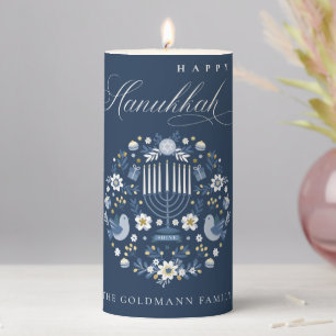 Elegant Classy Navy Blue Happy Hanukkah Floral Pillar Candle