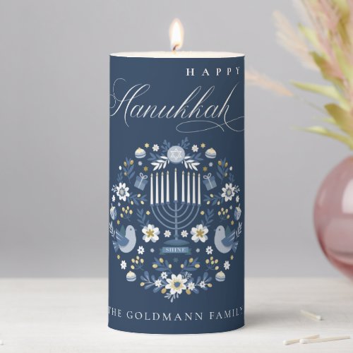 Elegant Classy Navy Blue Happy Hanukkah Floral Pillar Candle