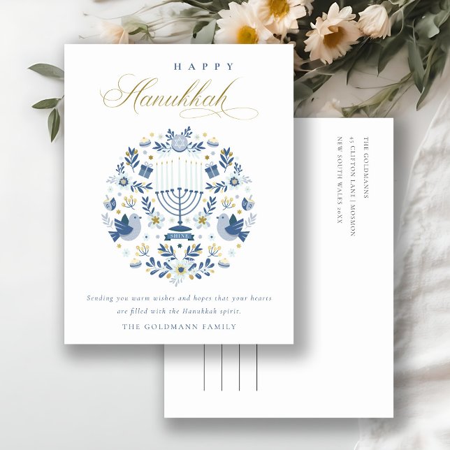 Elegant Classy Navy Blue Happy Hanukkah Floral Postcard (Creator Uploaded)