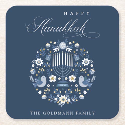 Elegant Classy Navy Blue Happy Hanukkah Floral Square Paper Coaster