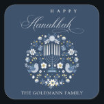 Elegant Classy Navy Blue Happy Hanukkah Floral Square Sticker<br><div class="desc">If you need any further customisation please feel free to message me on yellowfebstudio@gmail.com.</div>