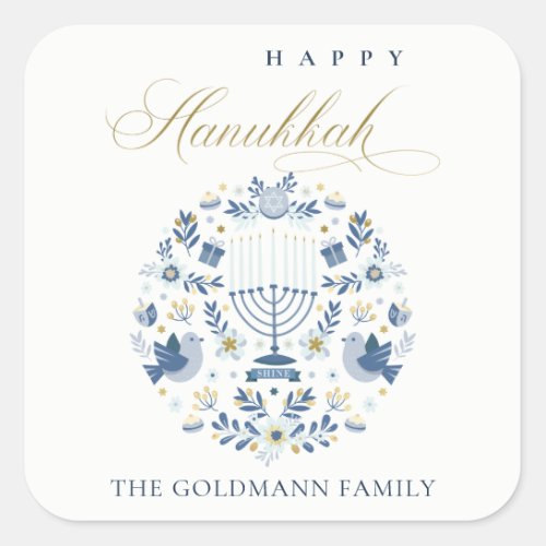 Elegant Classy Navy Blue Happy Hanukkah Floral Square Sticker