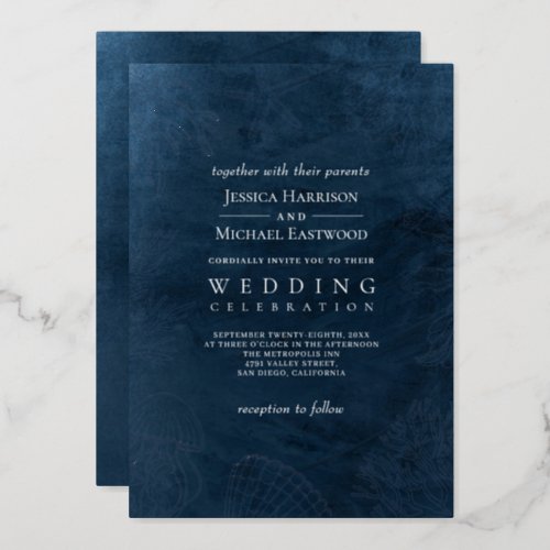 Elegant Classy Navy Blue Ocean Beach Wedding Foil Invitation