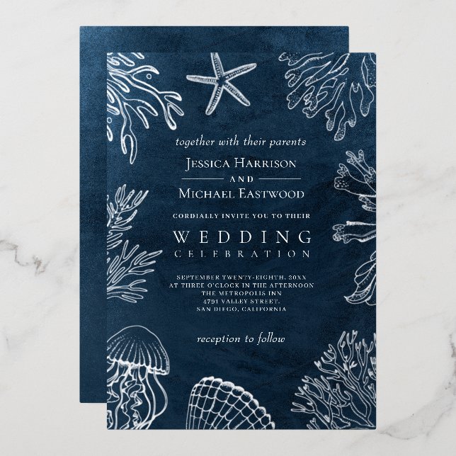 Elegant Classy Navy Blue Ocean Beach Wedding Foil Invitation (Front/Back)