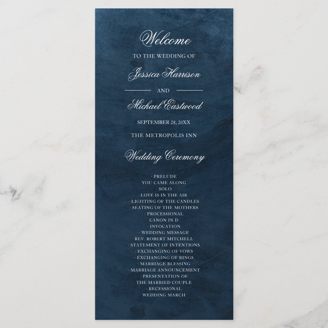 Elegant Classy Navy Blue Watercolor Wedding Program | Zazzle