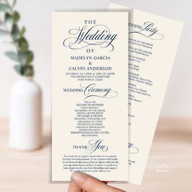 Elegant Classy Navy Blue Wedding Ceremony Order Program (Elegant Classy Gold Script Wedding Ceremony Order Program Card in Navy Blue Ivory)