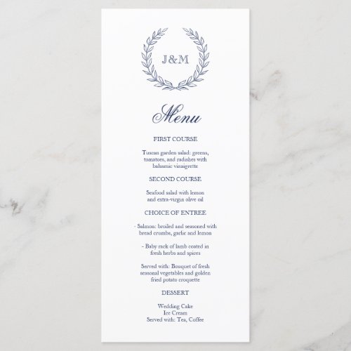 Elegant Classy Navy Blue Wedding Monogram Menu