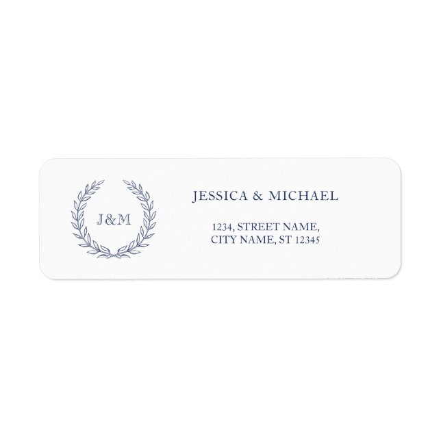Elegant Classy Navy Blue Wreath Wedding Monogram Label (Front)