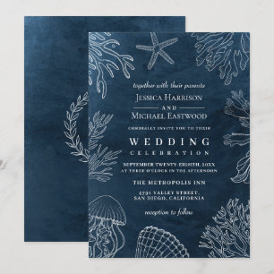 Elegant Classy Navy Coral Beach Wedding Invitation