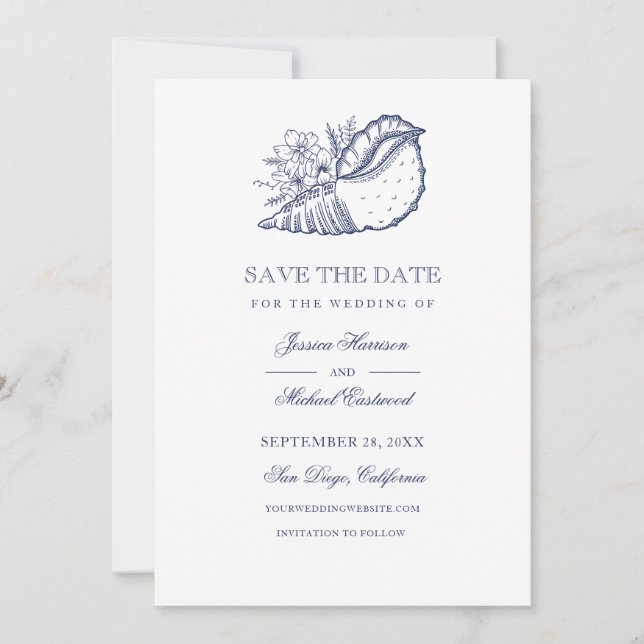 Elegant Classy Navy Seashell Beach Wedding Photo Save The Date (Front)