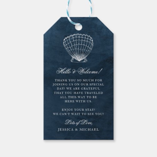 Elegant Classy Navy Seashell Beach Wedding Welcome Gift Tags