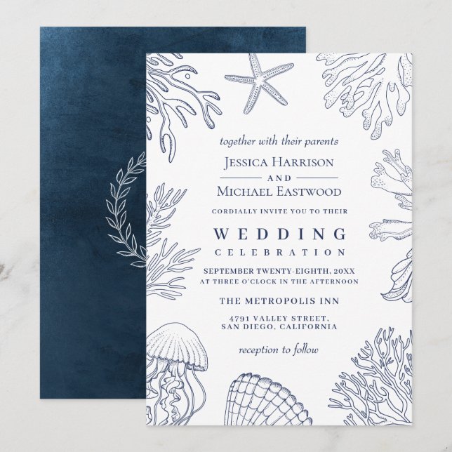 Elegant Classy Navy White Coral Beach Wedding Invitation (Front/Back)
