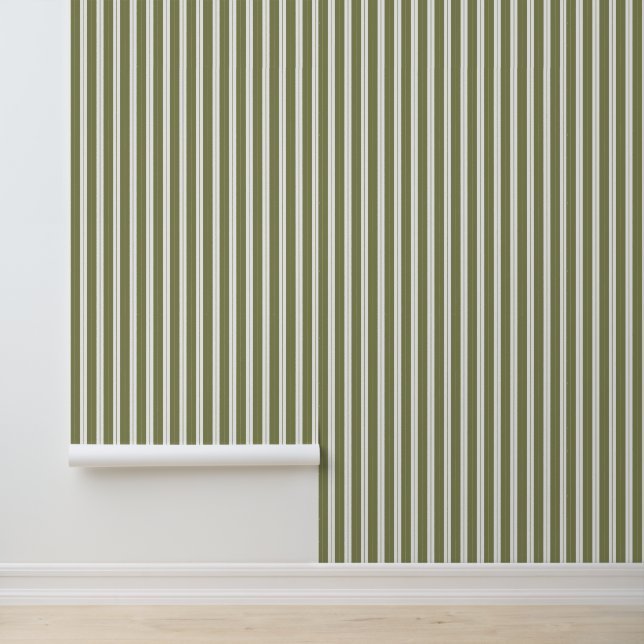 Elegant Classy Olive Green French Ticking Stripes Wallpaper (Application)