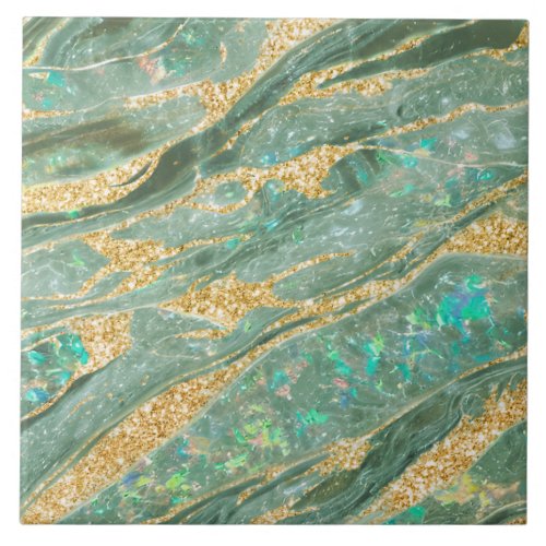 Elegant Classy Opal Marble Jade Green Gold Glitter Ceramic Tile