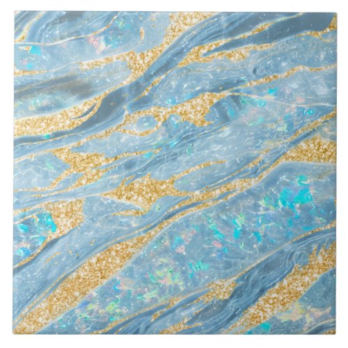 Elegant Classy Opal Marble Light Blue Gold Glitter Ceramic Tile