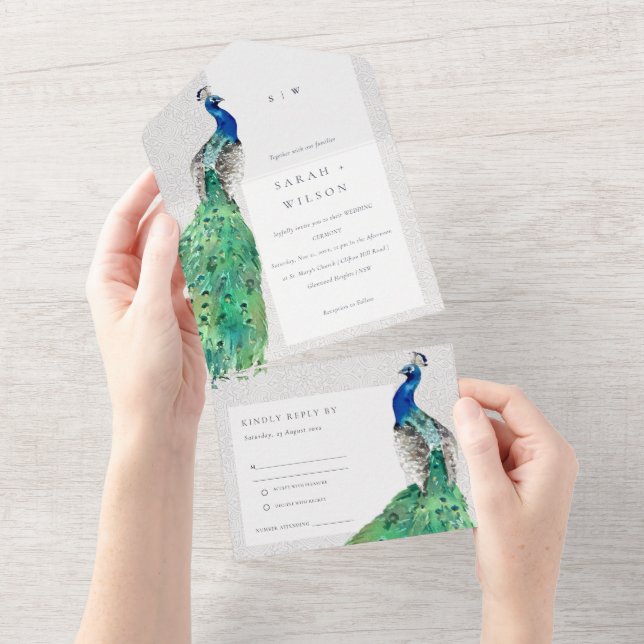 Elegant Classy Ornate Watercolor Peacock Wedding All In One Invitation (Tearaway)