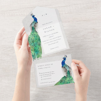 Elegant Classy Ornate Watercolor Peacock Wedding All In One Invitation