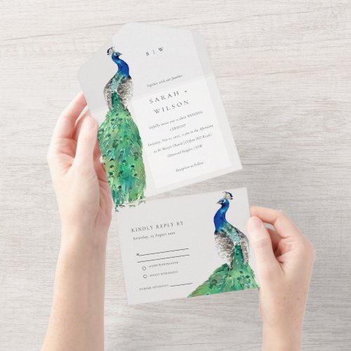 Elegant Classy Ornate Watercolor Peacock Wedding All In One Invitation