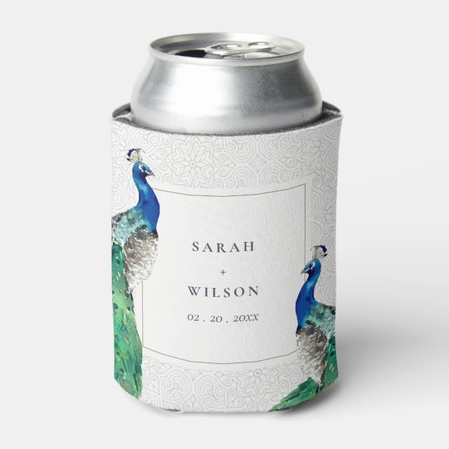 Elegant Classy Ornate Watercolor Peacock Wedding Can Cooler (Can Front)