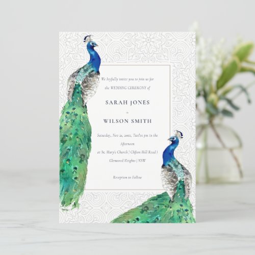 Elegant Classy Ornate Watercolor Peacock Wedding Invitation
