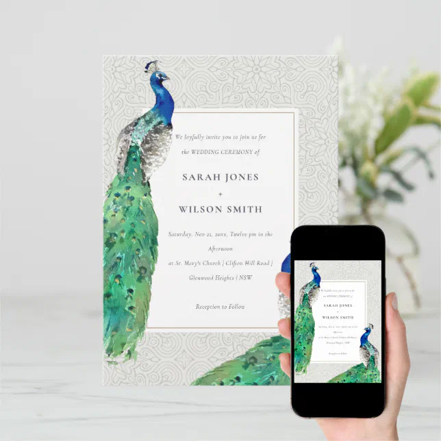 Elegant Classy Ornate Watercolor Peacock Wedding Invitation | Zazzle