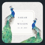 Elegant Classy Ornate Watercolor Peacock Wedding  Square Sticker<br><div class="desc">Classy Ornate Watercolor Peacock Collection- it's an elegant watercolor Illustration of colorful bright peacock,  with an ornate border.  Perfect for your modern classy wedding & parties. It’s very easy to customize,  with your personal details. If you need any other matching product or customization,  kindly message via Zazzle.</div>
