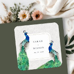 Elegant Classy Ornate Watercolor Peacock Wedding  Square Sticker<br><div class="desc">Classy Ornate Watercolor Peacock Collection- it's an elegant watercolor Illustration of colorful bright peacock,  with an ornate border.  Perfect for your modern classy wedding & parties. It’s very easy to customize,  with your personal details. If you need any other matching product or customization,  kindly message via Zazzle.</div>