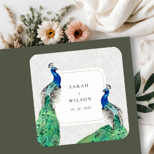 Elegant Classy Ornate Watercolor Peacock Wedding Square Sticker