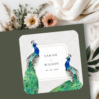 Elegant Classy Ornate Watercolor Peacock Wedding Square Sticker
