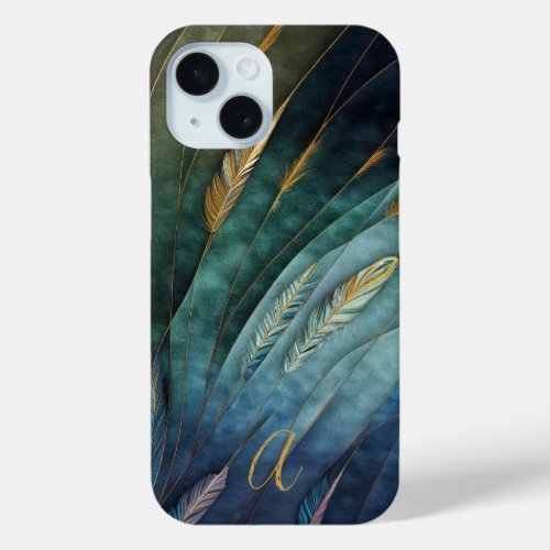Elegant Classy Peacock Feathers Gold Monogrammed iPhone 15 Case