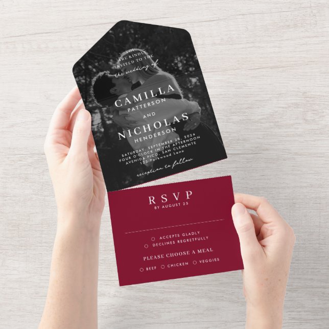 Elegant Classy Photo Burgundy  RSVP Wedding All In One Invitation (Tearaway)