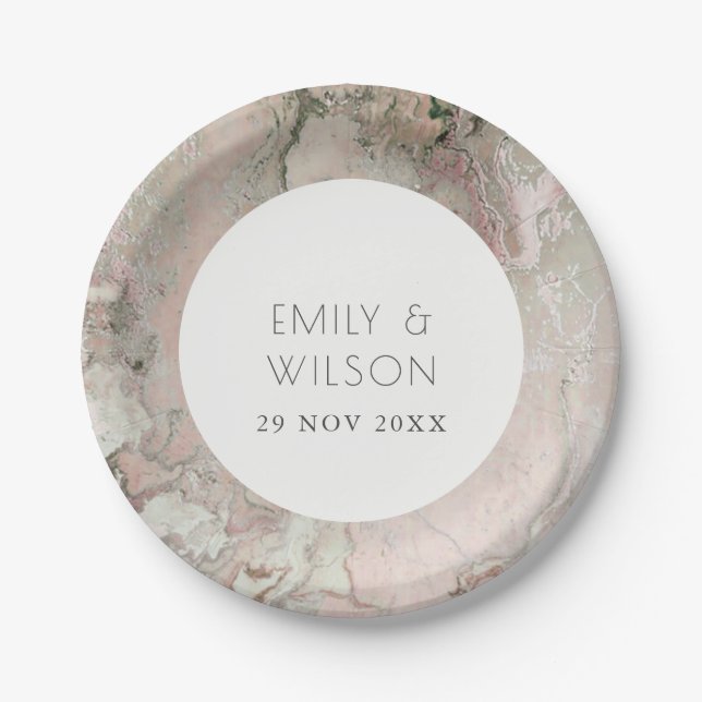 ELEGANT CLASSY PINK DUSKY ROSE GOLD AGATE WEDDING  PAPER PLATES (Front)