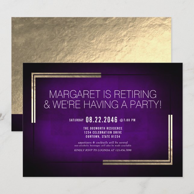 Elegant Classy Purple/Gold Retirement Party Invitation (Front/Back)