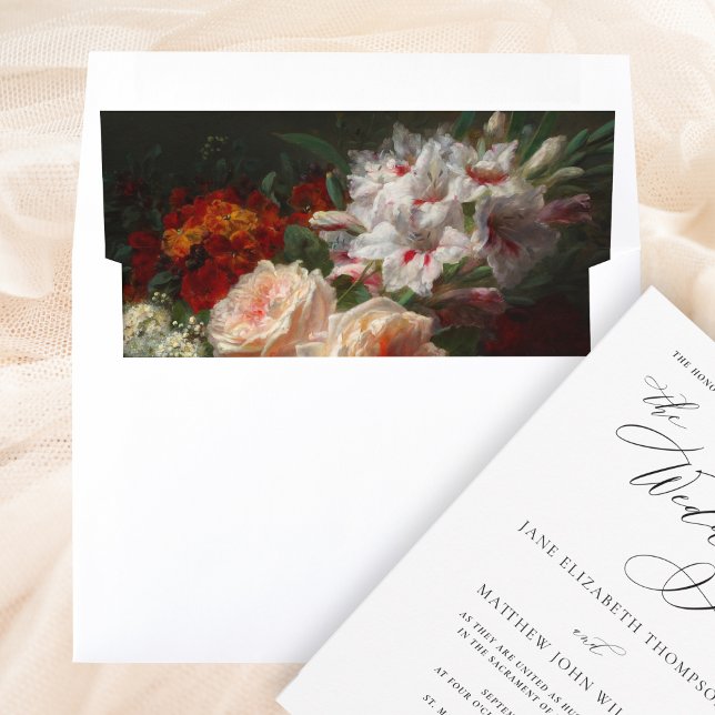 Elegant Classy Red Floral Fine Art Wedding Envelope Liner (This elegant, fine art wedding envelope liner has a classy, sophisticated feel.)