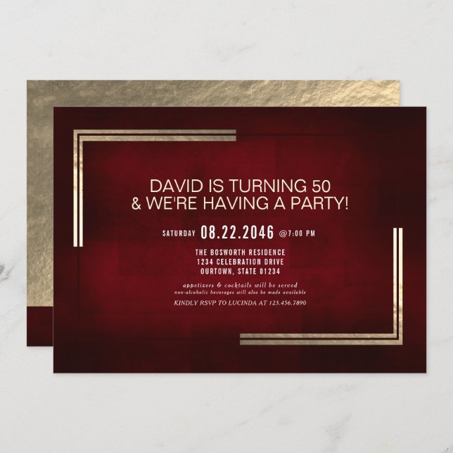 Elegant Classy Red/Gold Birthday Party  Invitation (Front/Back)