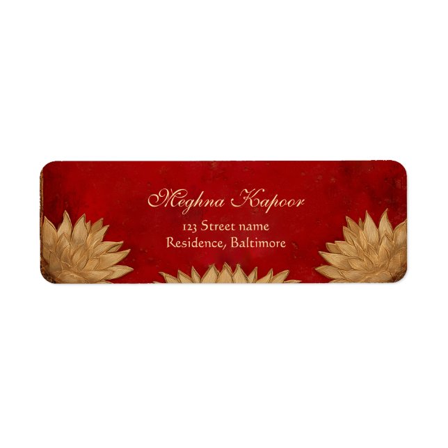 Elegant Classy Red Gold Lotus Indian Wedding Label (Front)