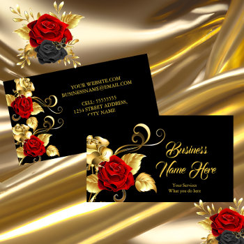 Elegant Classy Red Rose Black Gold Leaf Business Card by Zizzago at Zazzle