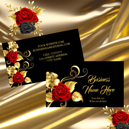 Elegant Classy Red Rose Black Gold Leaf Business Card