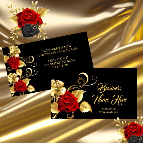 Elegant Classy Red Rose Black Gold Leaf Business Card