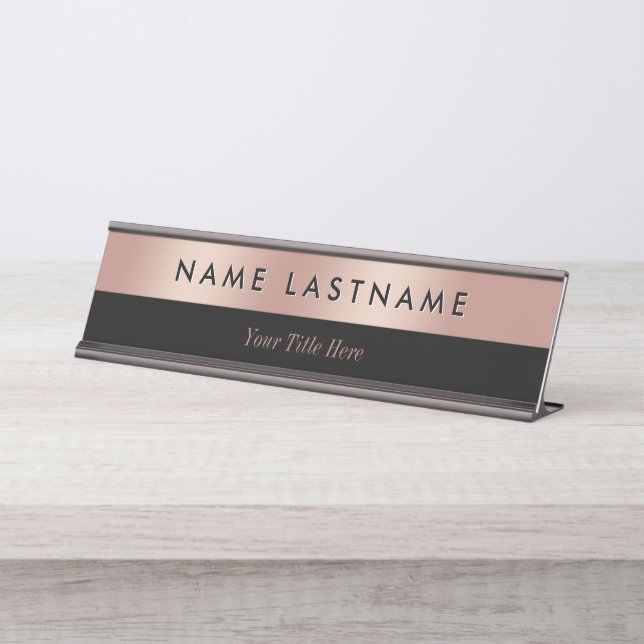 Elegant Classy Rose Gold Black Modern Custom Desk Name Plate (Front)
