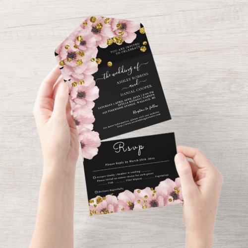 Elegant Classy Rosy Black Wedding All In One Invitation